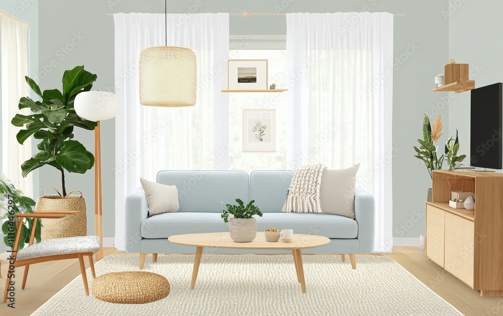 A Scandinavian-inspired living room with a pastel blue loveseat, light oak furniture, and soft textiles for a simple and cheerful vibe A Scandinavian-inspired living room with a pastel blue loveseat, light oak furniture, and soft textiles for a simple and cheerful vibe