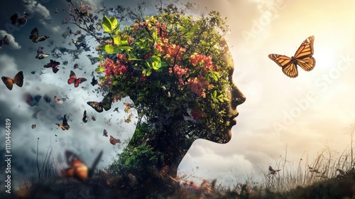 Butterfly-covered tree transforming into a human face