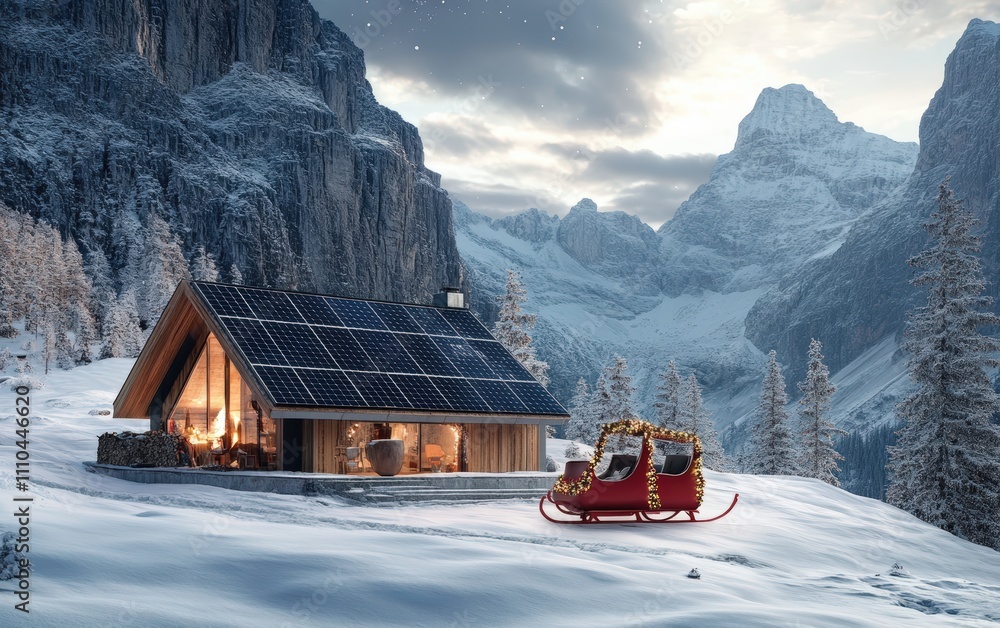 Naklejka premium A scenic mountain cabin with solar panels on the roof and an electric Christmas sleigh parked nearby