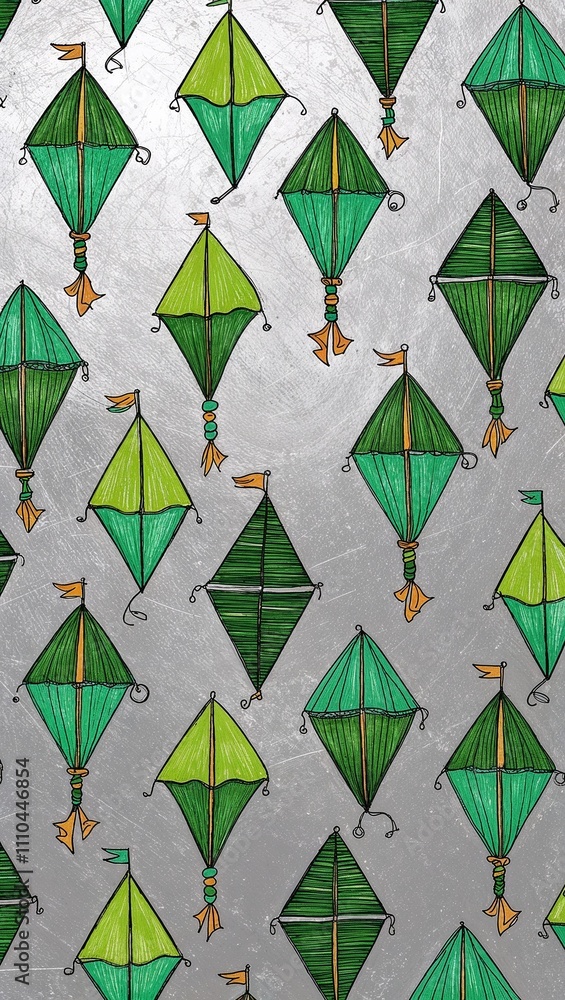 Fototapeta premium Green Kite pattern hand drawn design on Silver background illustration