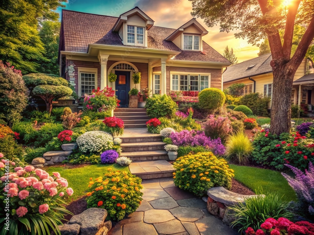 Fototapeta premium Vintage Style Photography of Modern Front Garden Landscaping Ideas Featuring Lush Greenery, Colorful Flower Beds, and Charming Pathways in a Quaint Residential Setting