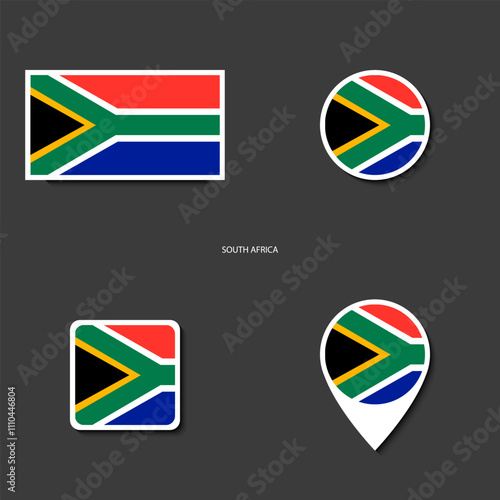 South Africa flag icon set in different shape (rectangle, circle, square and marker icon) on dark grey background. South Africa sticker icon collection on barely dark background	
