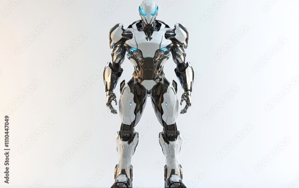 Layered Panels Robot Full-Length A humanoid robot with sleek, metallic layered panels forming its body, standing confidently on a clean white background. Layered Panels Robot Full-Length A humanoid robot with sleek, metallic layered panels forming its body, standing confidently on a clean white background.