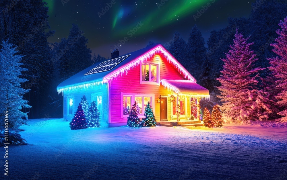 A solar-powered house decorated with Christmas lights under a stunning aurora borealis surrounded by snowy trees vibrant colors and magical atmosphere A solar-powered house decorated with Christmas lights under a stunning aurora borealis surrounded by snowy trees vibrant colors and magical atmosphere