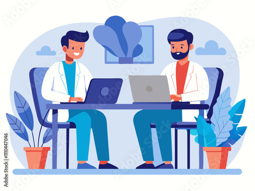 doctor and men sitting at a table with a laptop