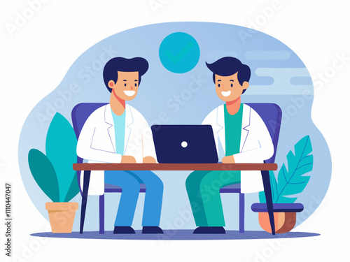 doctor and men sitting at a table with a laptop