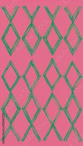 Green Rhombus pattern hand drawn design on Pink background illustration