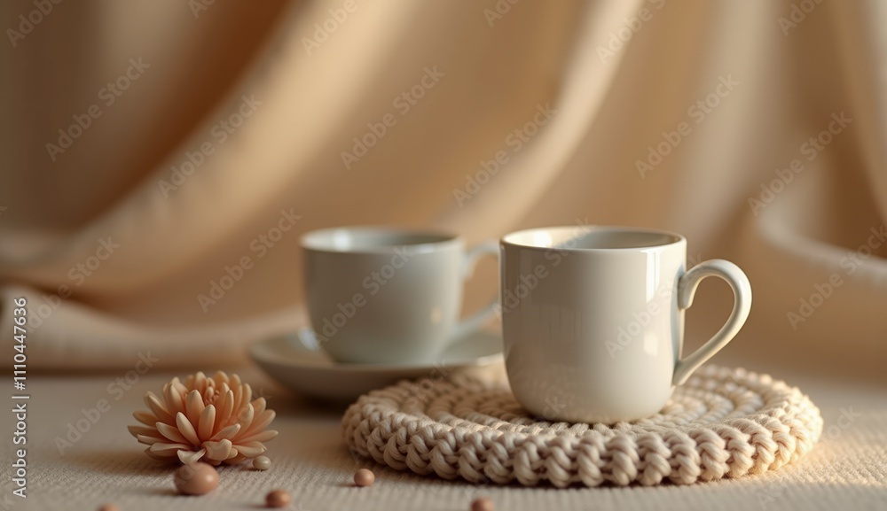 two white cups and saucers standing on a light background two white cups and saucers standing on a light background