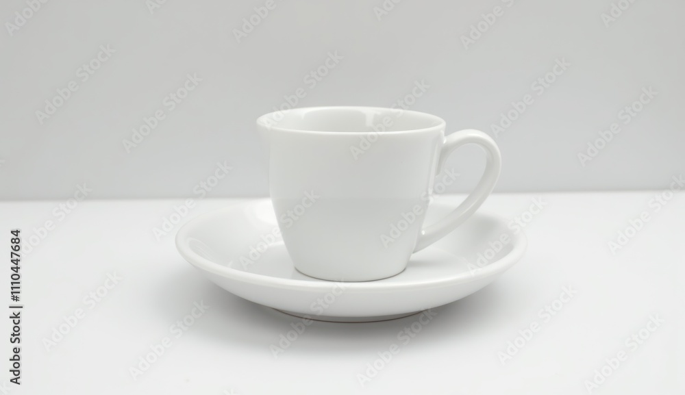White coffee cup with saucer on a white background, minimalist design White coffee cup with saucer on a white background, minimalist design