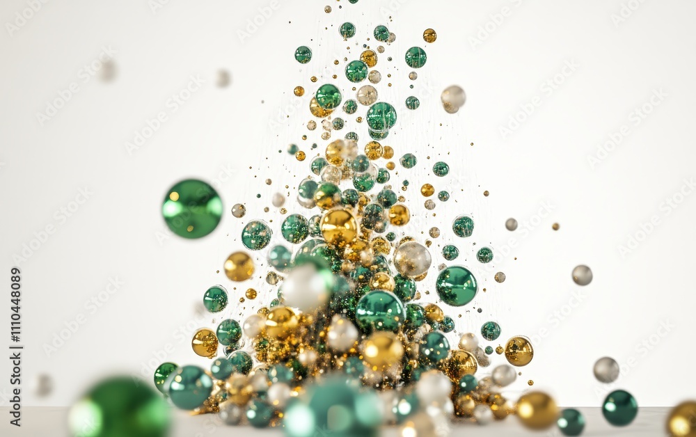 A Christmas tree composed of floating green and gold spheres suspended by invisible threads, displayed on a bright white surface