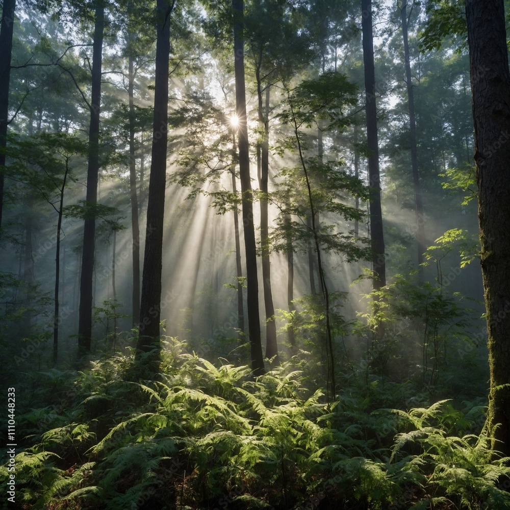 Fototapeta premium A lush, green forest with tall trees, golden sunlight filtering through the branches, and a vibrant, clear blue sky.