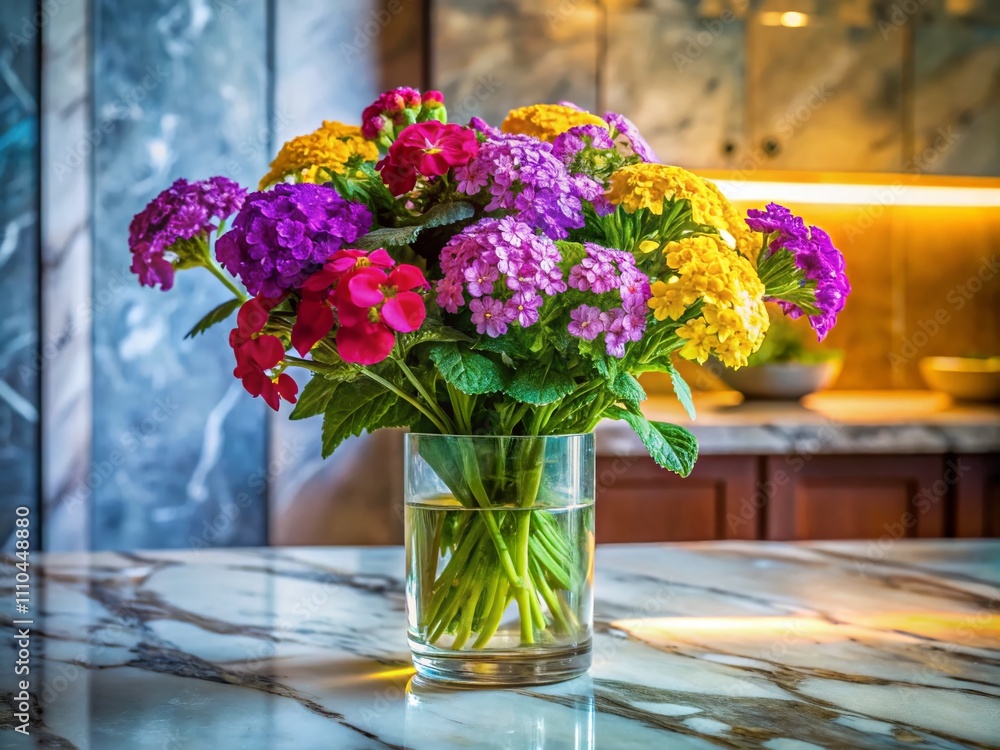 Vivid Verben Flower Arrangement in Elegant Vase on Polished Marble Countertop - Captivating Medium Shot of Nature’s Beauty with Luxurious Interior Decor Vivid Verben Flower Arrangement in Elegant Vase on Polished Marble Countertop - Captivating Medium Shot of Nature’s Beauty with Luxurious Interior Decor
