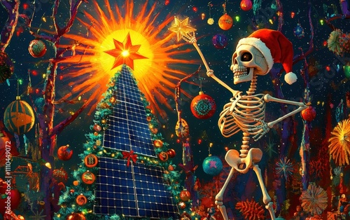 An artistic composition with a solar panel shaped like a Christmas tree, a cheerful skeleton holding a star topper to place on it, with a glowing sun and holiday  photo