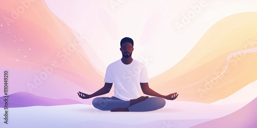 African american man meditating in peaceful abstract setting with pastel colors