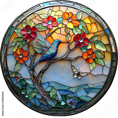 A light catcher shows a stained glass Tree of Life with a hummingbird and vibrant leaves in a transparent background