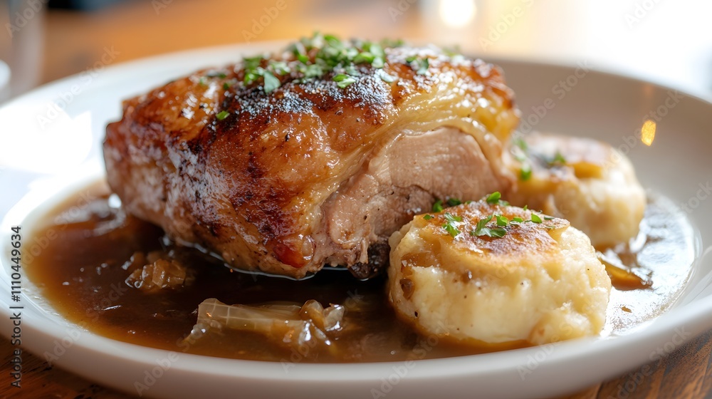Roasted Pork Shoulder With Crispy Skin Served With gravy