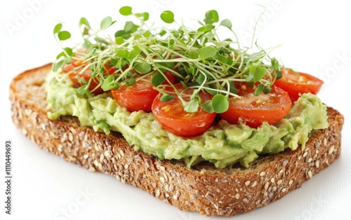 Avocado Toast A slice of whole-grain bread topped with smashed avocado, cherry tomatoes, and microgreens, photographed on a white background. photo