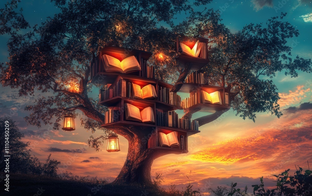 Bookshelf Tree A tree with branches shaped like bookshelves, holding open books and glowing lanterns, set against a dreamy sunset sky. Bookshelf Tree A tree with branches shaped like bookshelves, holding open books and glowing lanterns, set against a dreamy sunset sky.