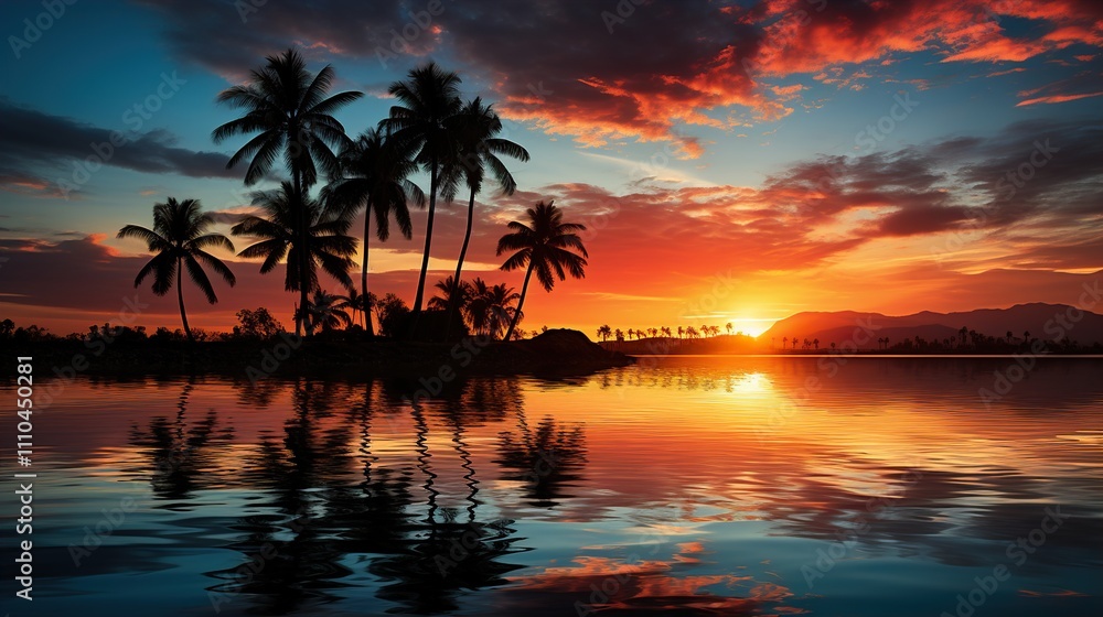 Tropical island sunset with silhouette of palm trees, hot summer day vacation Tropical island sunset with silhouette of palm trees, hot summer day vacation