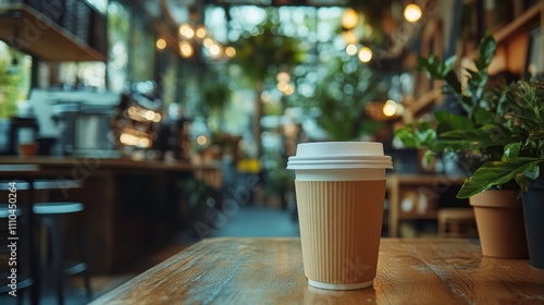 A coffee cup sits on a table in a cozy café with plants and warm lighting.