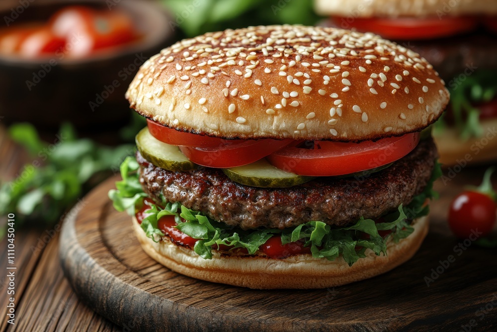 A close-up of a delicious burger with fresh ingredients on a wooden surface. A close-up of a delicious burger with fresh ingredients on a wooden surface.