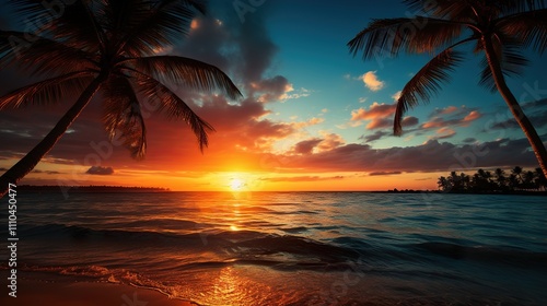 Tropical island sunset with silhouette of palm trees, hot summer 