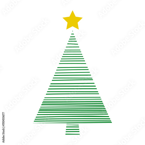 Tiempo de Navidad. Logo con árbol de navidad abstracto con líneas horizontales con estrella para tarjetas y felicitaciones