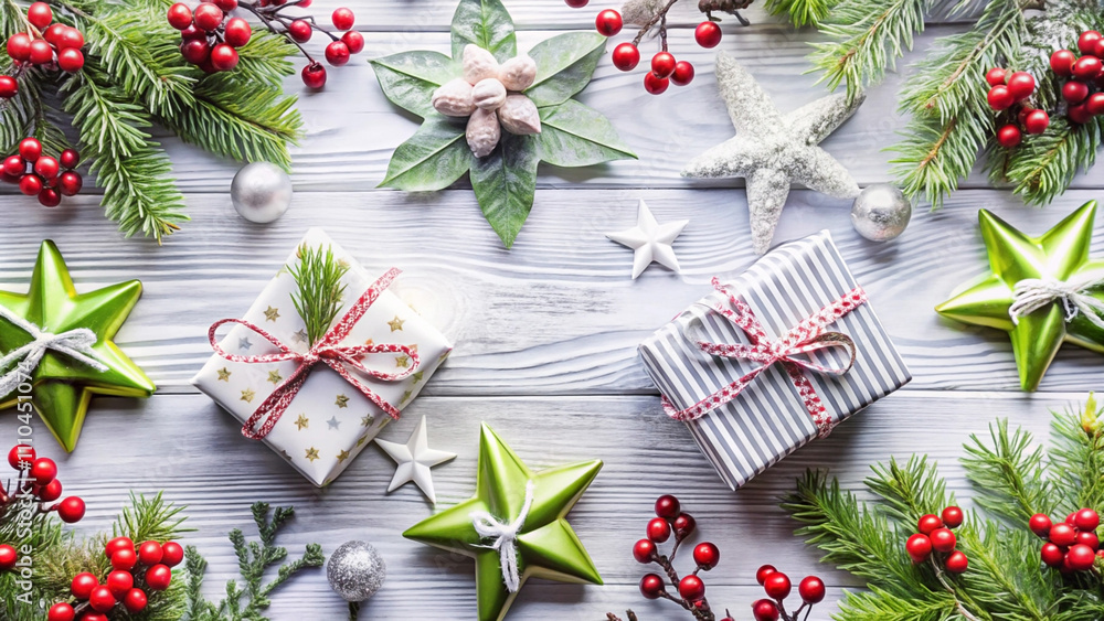 Festive Christmas flat lay with gifts, ornaments, and greenery on white wood. Festive Christmas flat lay with gifts, ornaments, and greenery on white wood.