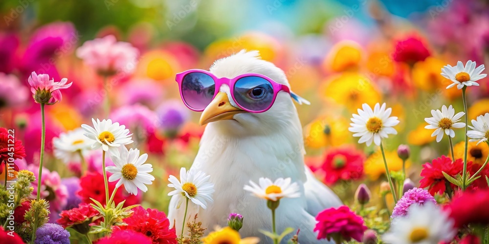 Fototapeta premium White Bird in Sunglasses Surrounded by Vibrant Flowers on a Soft Pink Background - A Playful and Whimsical Conceptual Photography Scene