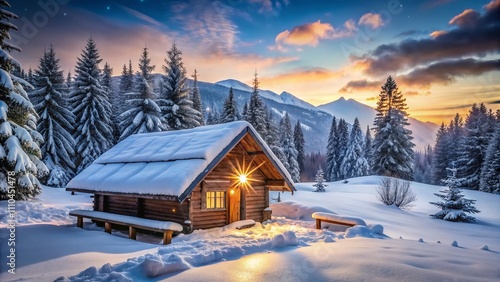 Winter Solar Cabin in a Snowy Landscape with Long Exposure Effects Showcasing Rustic Charm and Sustainable Energy Solutions in a Beautiful Winter Wonderland