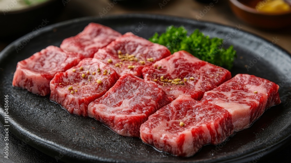 Fresh Raw Beef Steak with Marbling on Black Plate Fresh Raw Beef Steak with Marbling on Black Plate