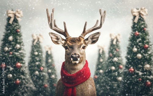 Deer Advertising Christmas Trees A majestic deer wearing a red scarf, standing in front of a row of beautifully decorated Christmas trees, with snow gently falling. photo