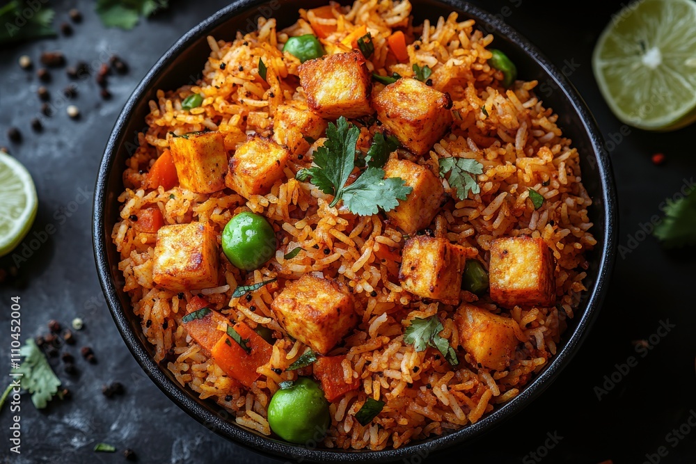 A bowl of flavorful rice with tofu, vegetables, and herbs, garnished with lime. A bowl of flavorful rice with tofu, vegetables, and herbs, garnished with lime.