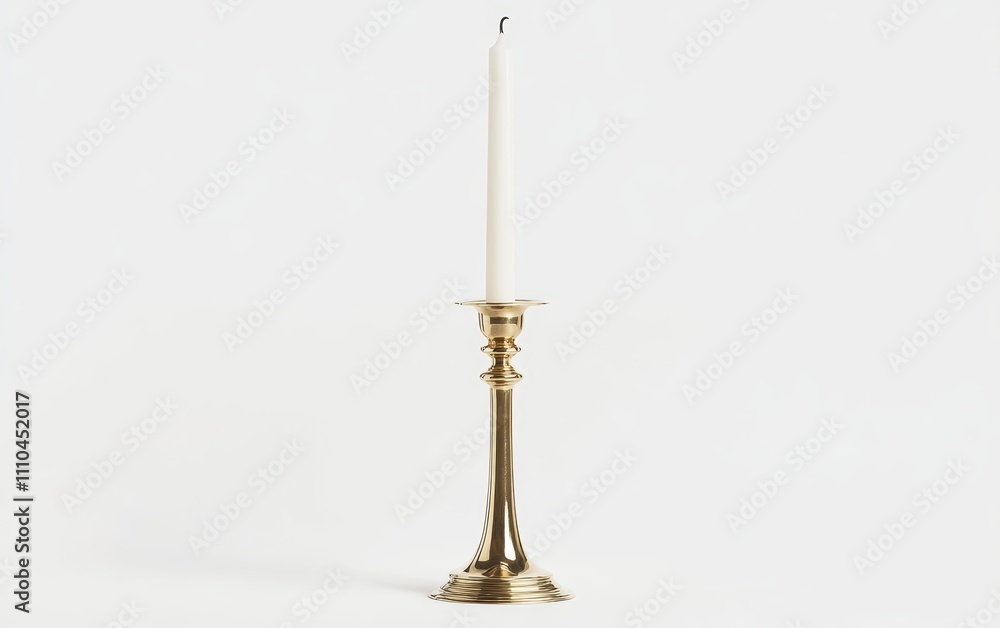Candlestick A tall, elegant candlestick made of polished brass with a single white candle, standing on a white background. Candlestick A tall, elegant candlestick made of polished brass with a single white candle, standing on a white background.