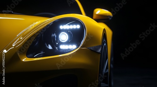 A striking yellow sports car captivates with its streamlined body and prominent headlights. The scene is illuminated to accentuate its curves and modern features