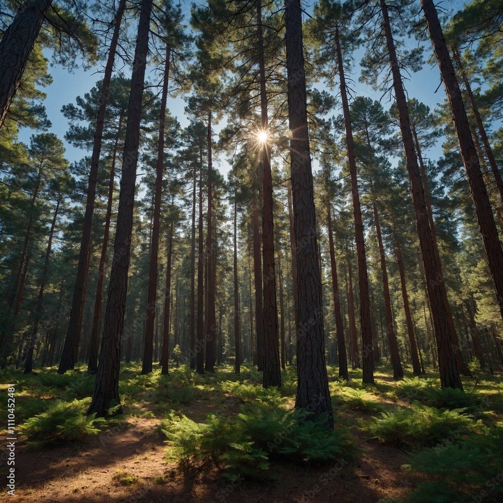 A peaceful forest with tall pine trees, sunlight casting shadows on the forest floor, and a cloudless, clear blue sky above. A peaceful forest with tall pine trees, sunlight casting shadows on the forest floor, and a cloudless, clear blue sky above.