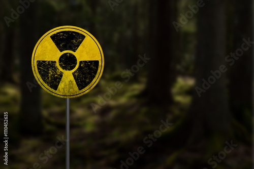 Fotografie Nuclear radioactive danger sign in forest in Chernobyl exclusion zone around Cho