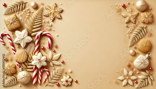 Festive Christmas Cookies, Candy Canes, and Ornaments Arranged on Beige Background for Holiday Celebration photo