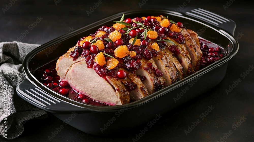 Juicy Roast Meat with Cranberry and Orange Glaze on Rustic Table Juicy Roast Meat with Cranberry and Orange Glaze on Rustic Table