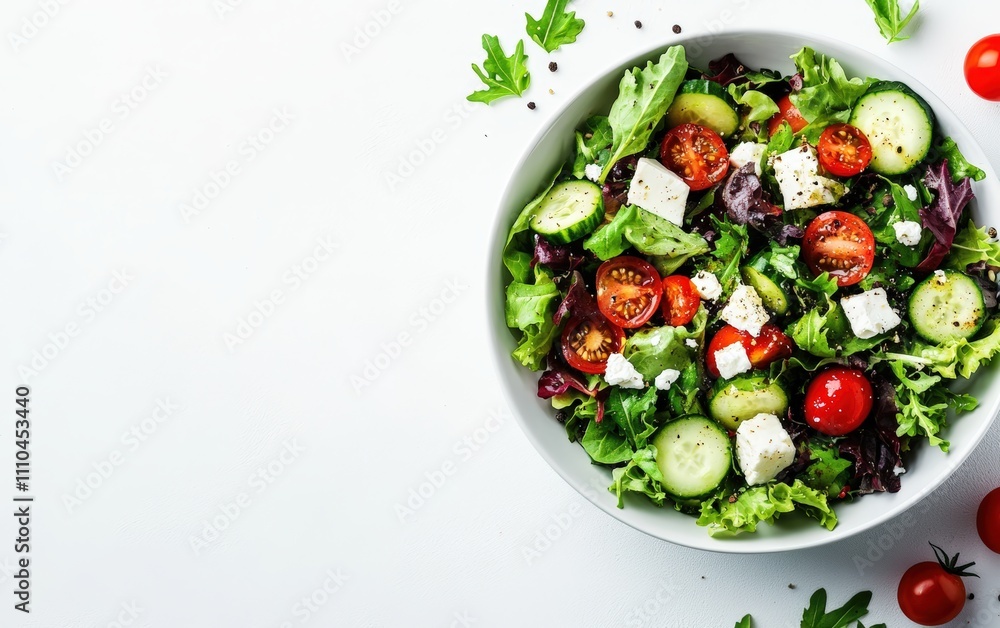 Fresh Salad Bowl A colorful salad with mixed greens, cherry tomatoes, cucumbers, and feta cheese, served in a minimalist white bowl on a white background. Fresh Salad Bowl A colorful salad with mixed greens, cherry tomatoes, cucumbers, and feta cheese, served in a minimalist white bowl on a white background.