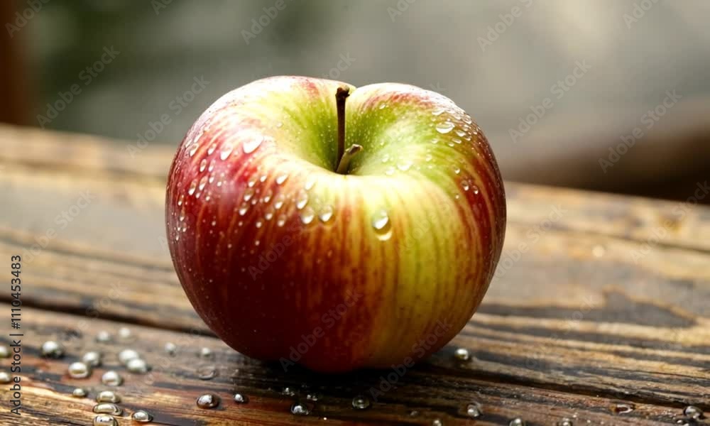 A red apple on wooden table.