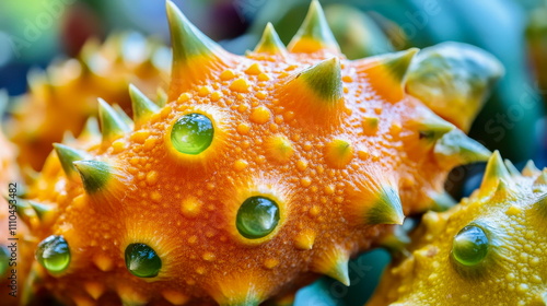 Close-up of horned melon (kiwano) with its spiked orange skin and bright green jelly-like seeds inside photo