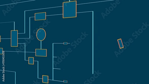 Flow chart, industrial process. Chart with elements, connected lines, and geometric shapes. Strategy, map, plan, chart, node tree, connection in process. 3D animation