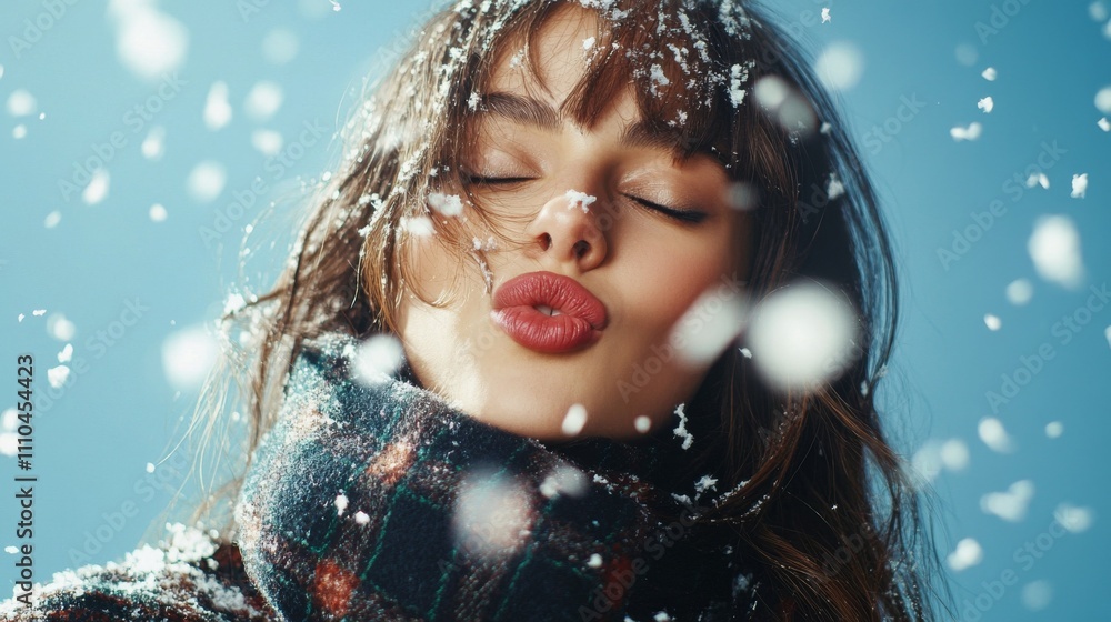 Brunette woman, fashion model, wearing plaid wool coat and scarf, smiling while surrounded by falling snow. Isolated against blue background. Winter fashion aesthetic. Brunette woman, fashion model, wearing plaid wool coat and scarf, smiling while surrounded by falling snow. Isolated against blue background. Winter fashion aesthetic.
