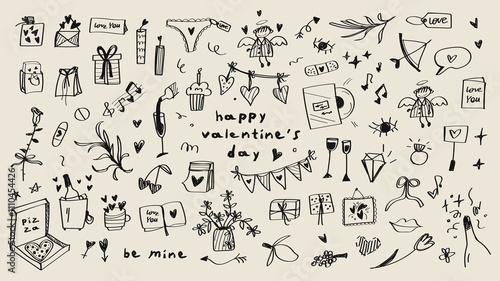 Hearts and design elements for Valentine's Day. Big set of clip art with love elements. Vector hand-drawn childlike doodle icon set. Black stroke on white background.