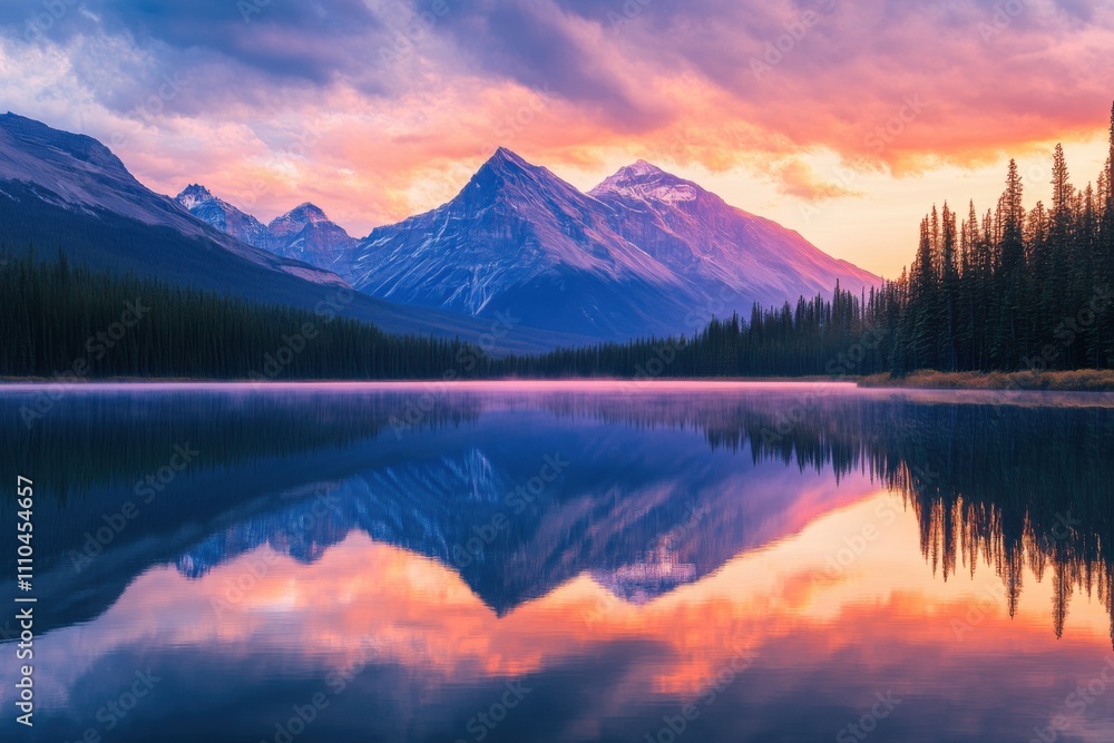 Majestic Mountain Lake Reflection at Sunrise: A Serene Panorama of Nature's Beauty