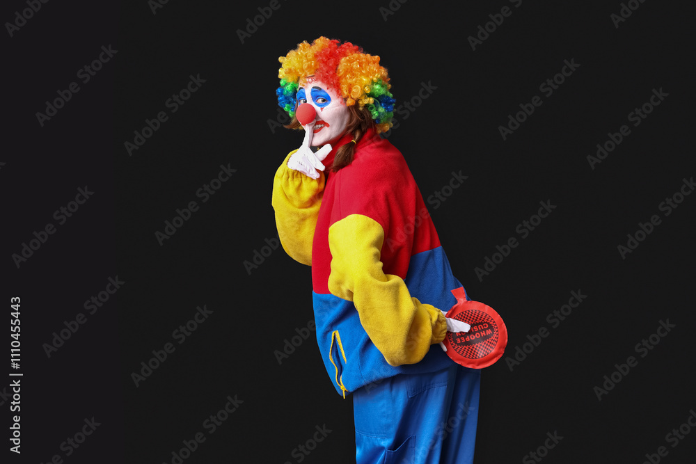 Young woman dressed as sad clown with whoopee cushion showing silent gesture on black background. April Fool's day celebration Young woman dressed as sad clown with whoopee cushion showing silent gesture on black background. April Fool's day celebration