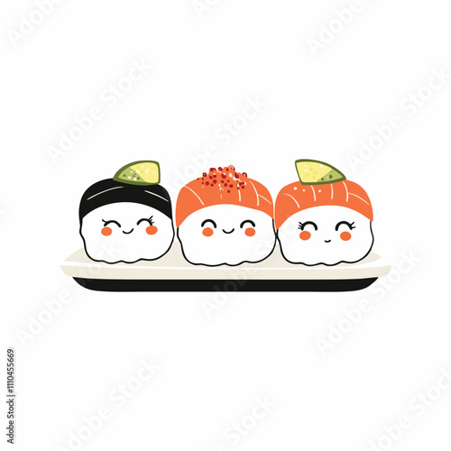 Cute Kawaii Sushi Trio with Adorable Faces on a Simple White Plate