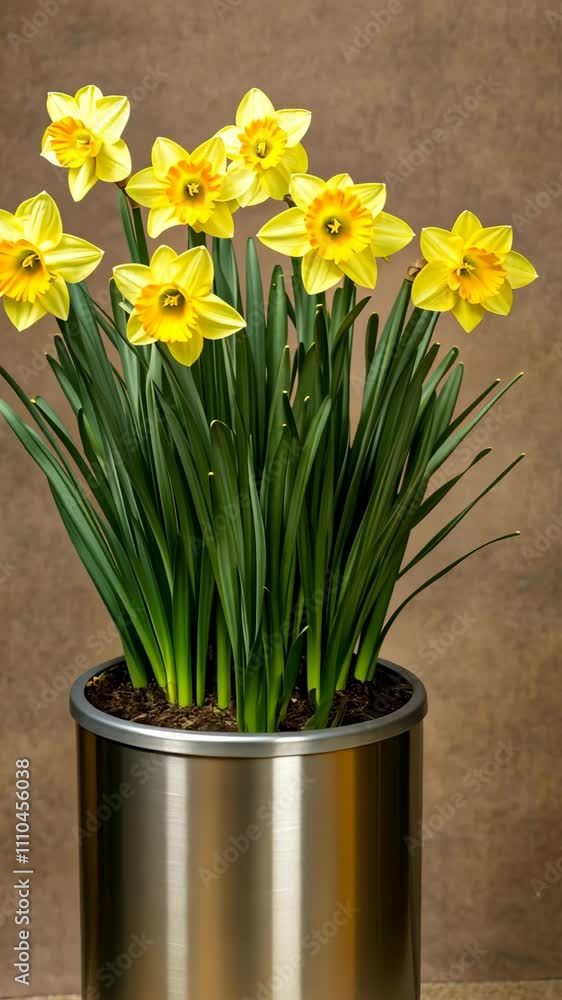 Bright yellow daffodils in a modern pot creating a cheerful atmosphere in a simple indoor setting Bright yellow daffodils in a modern pot creating a cheerful atmosphere in a simple indoor setting