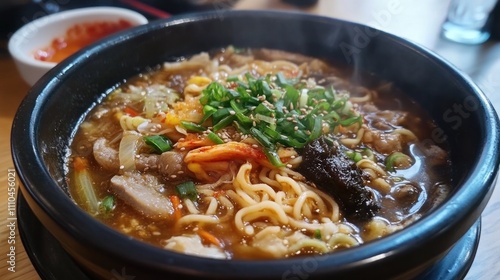 Delicious Spicy Ramen Noodles Soup in a Black Bowl